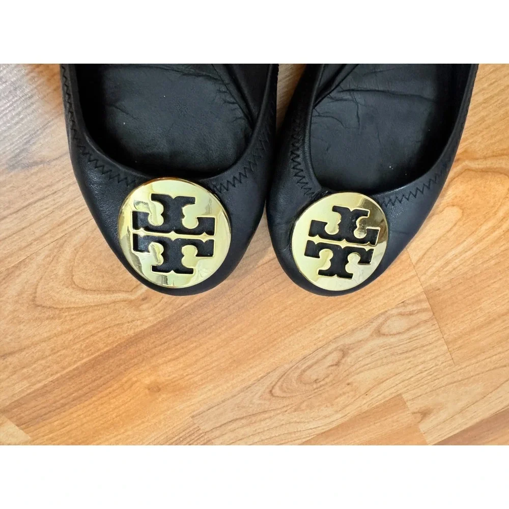 Tory Burch Womens Reva Comfort Ballet Flats Size 6.5 Black Leather Logo Designer